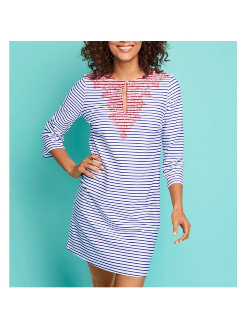 Women's Cabana Life x Talbots Striped Mini Dress XL White Blue Pink Embroidered